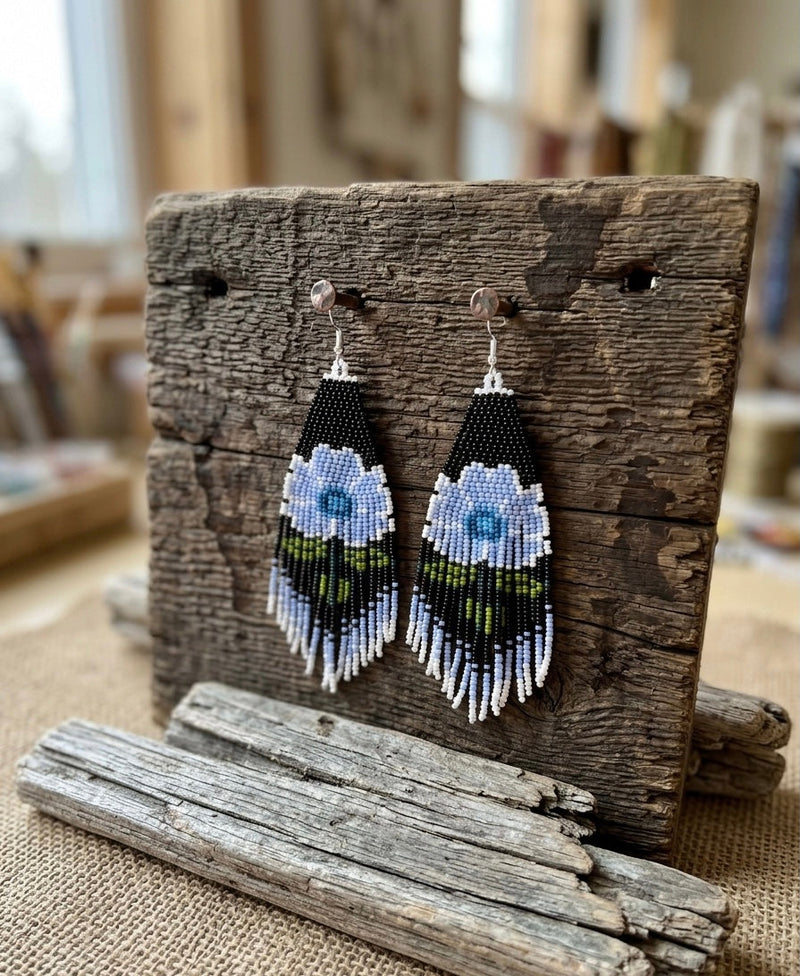 Flower Beaded Earrings ( Blue )-3