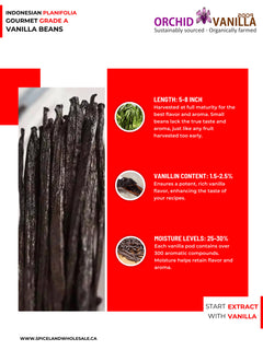 Indonesian Vanilla (Sumatra) Planifolia Gourmet Grade-A Beans<br>For Extract And Baking<BR>By Ounce-2