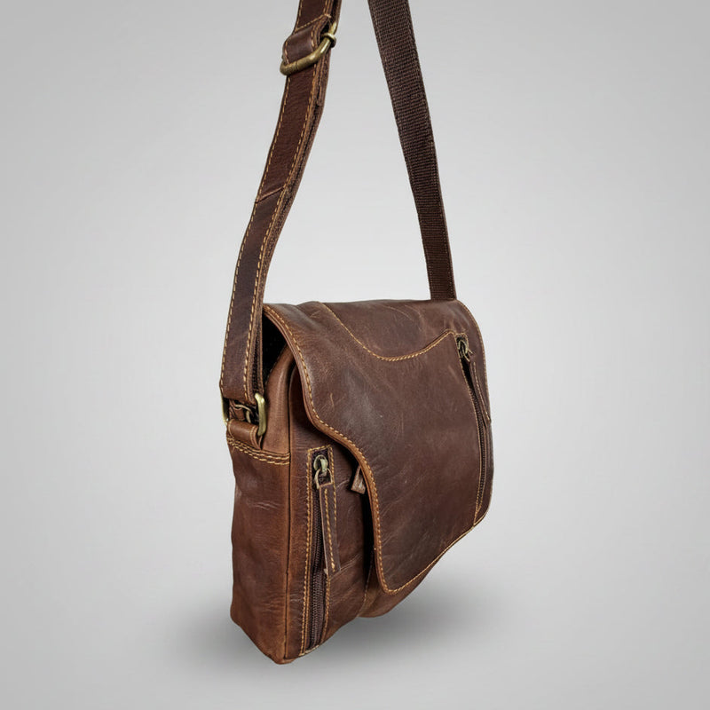 Premium Genuine Leather Messenger Bag. Distressed Brown Crossbody with Multiple Zippered Pockets-3