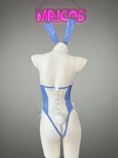 Bunny Girl PU Leather See Through Cosplay Bodysuit Costume Lingerie with Stockings-3