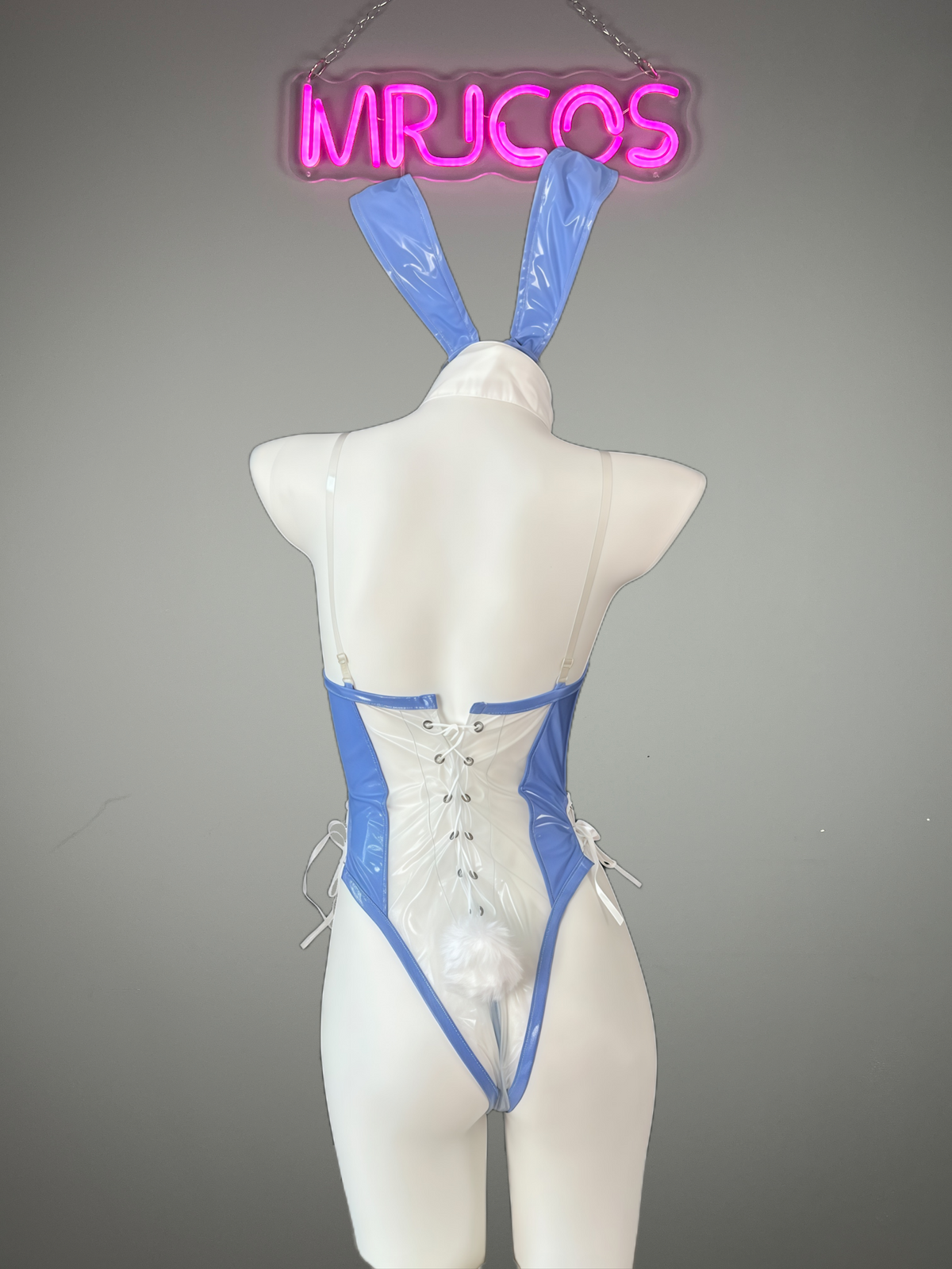 Bunny Girl PU Leather See Through Cosplay Bodysuit Costume Lingerie with Stockings-3