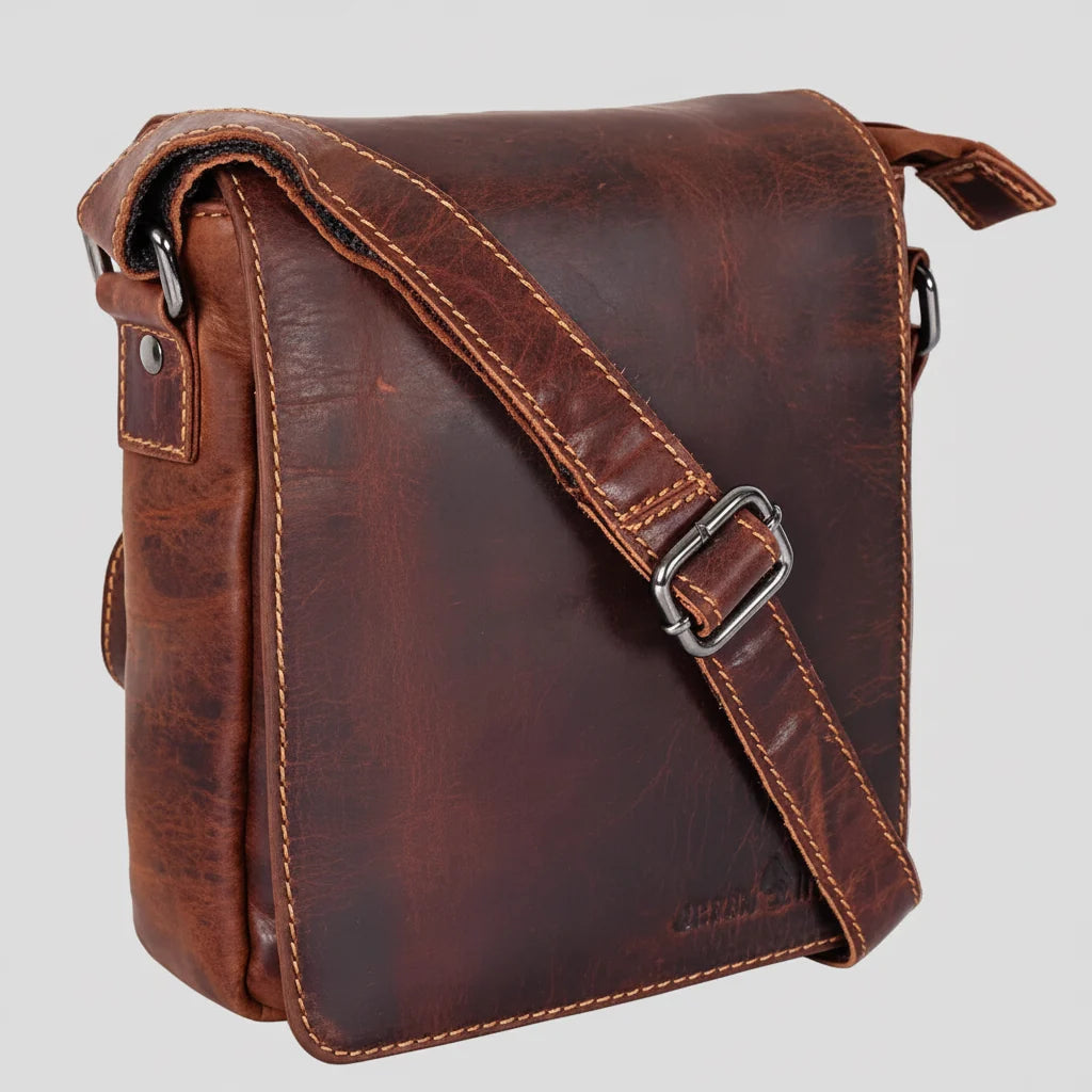 Greenwood Leather Mini-Messenger Bag. Wax Pull-Up Leather Flap Over Bag-3