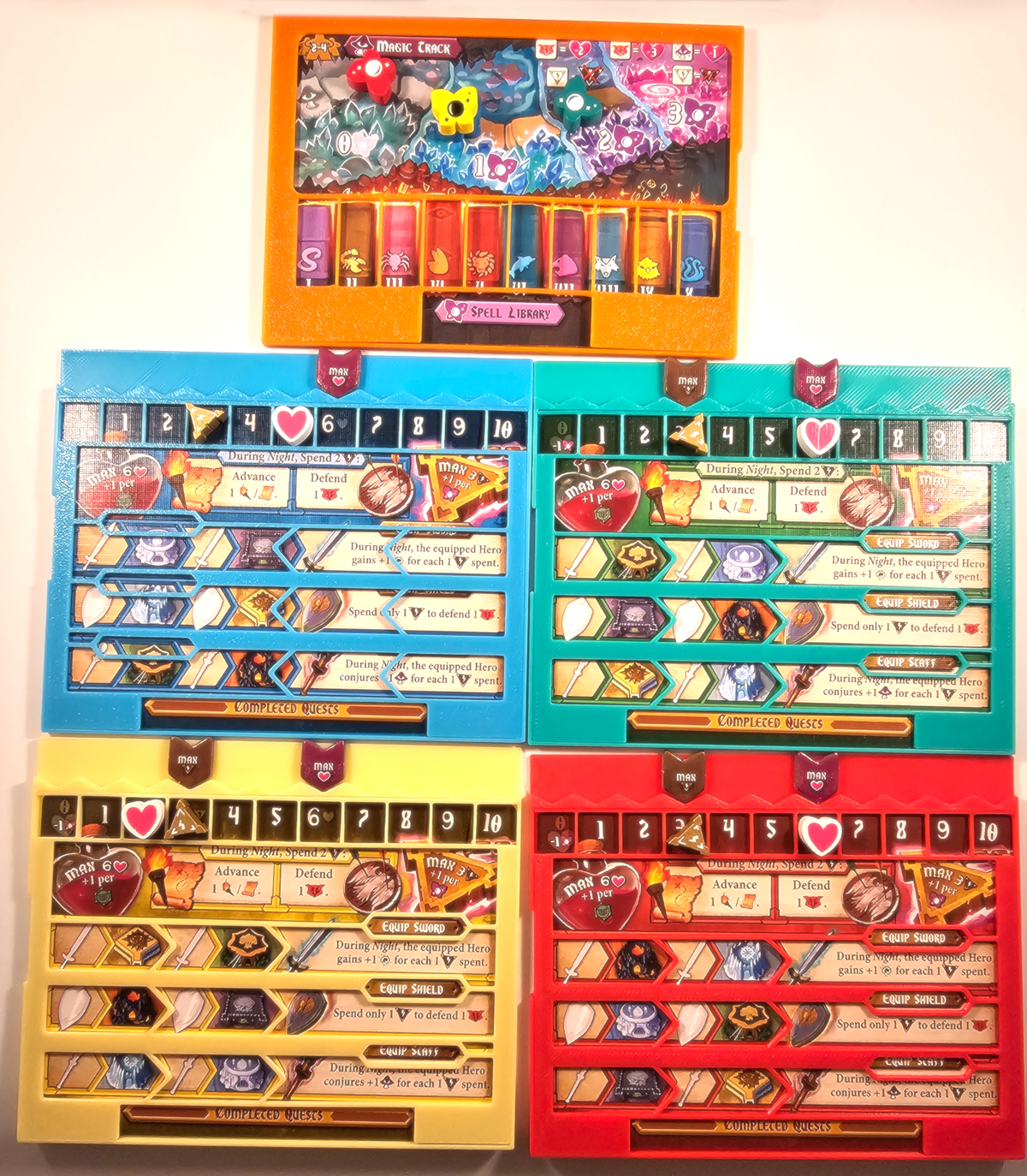Tableros de jugador y magia de Tiny Epic Quest
