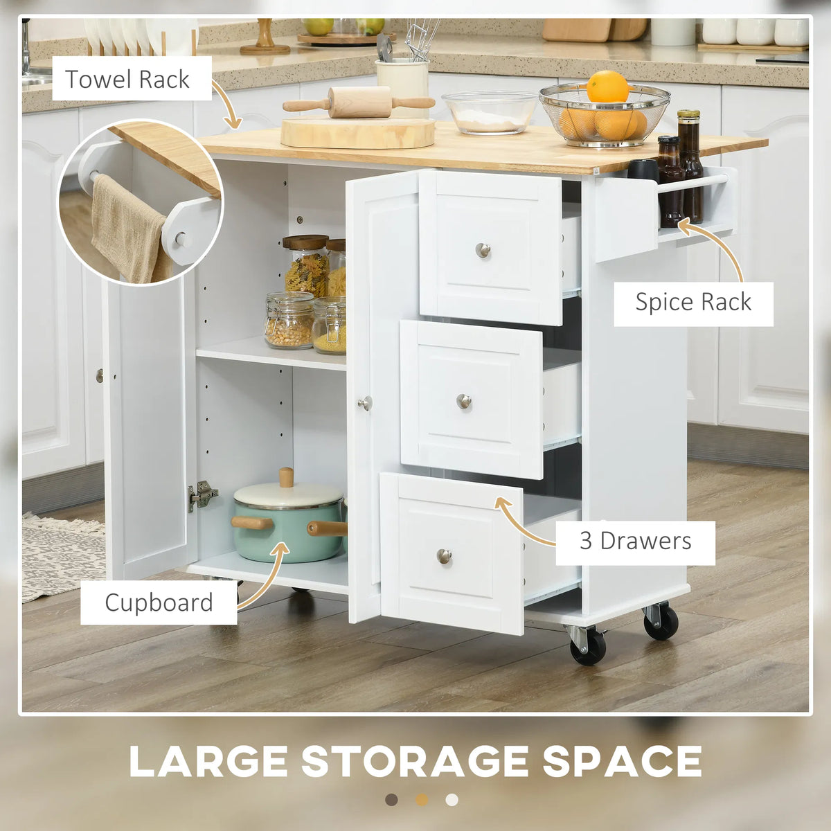 Rolling Kitchen Island Cart with Drop Leaf – 3 Drawers, Cabinet, Spice Rack & Towel Rack (United States & Canada Delivery Only)-5