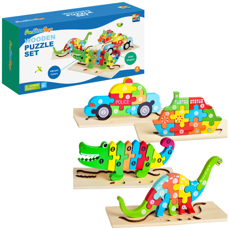 Fun Little Toys - 4-Pack Wooden Puzzles for Toddlers - Ages 2–4-1