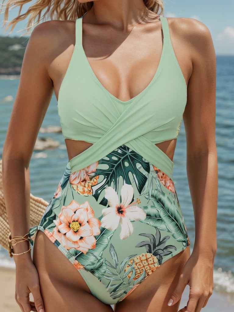 Printed Hollow Out Tied One-piece Bikini-4