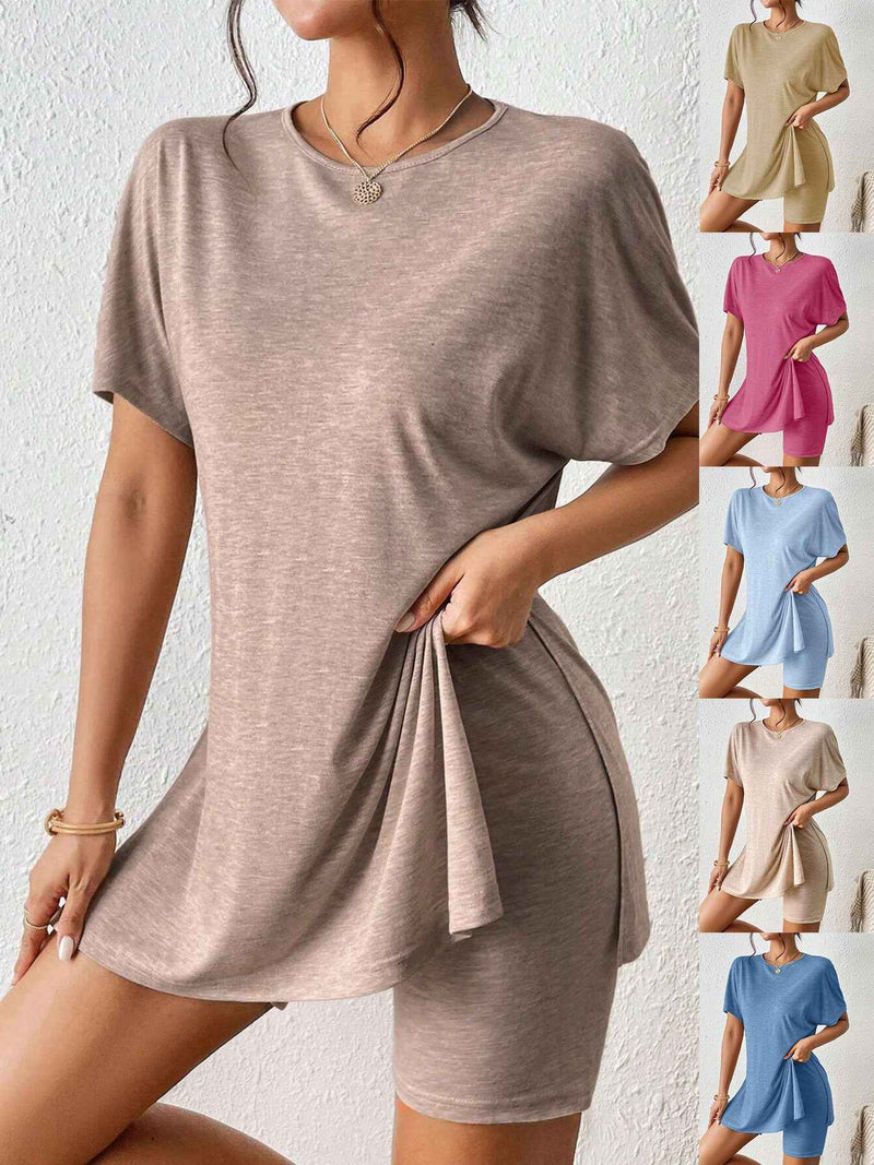 Women's Casual Solid Color Batwing Sleeve Tunic Top & Shorts Two-Piece Set-1