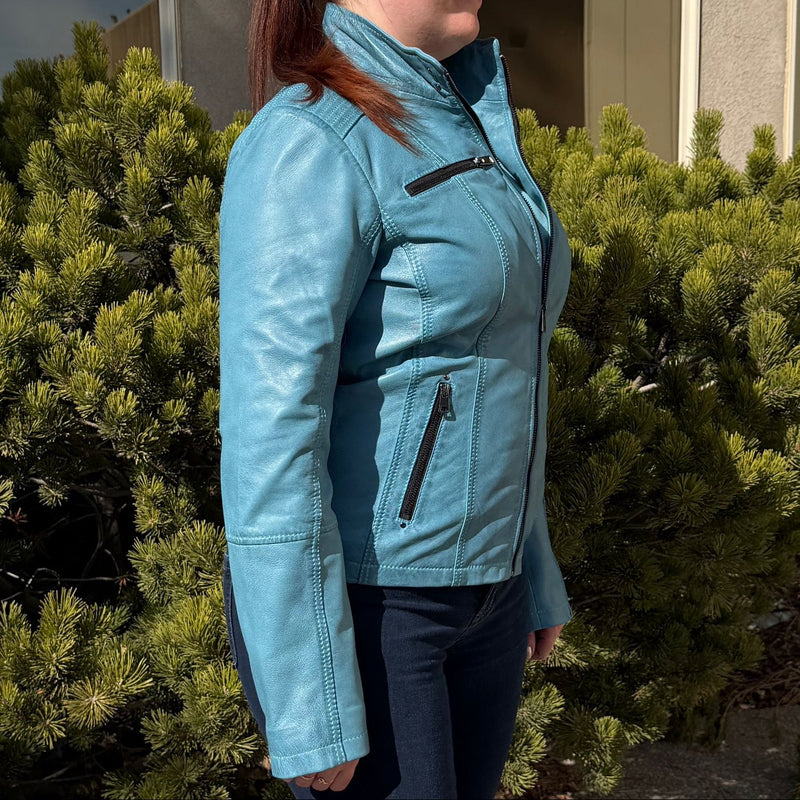 Women's Classic Sheep Leather Jacket. Standing Collar with Studs, 4 Zippered Pockets & Shoulder Accent Stitching-21