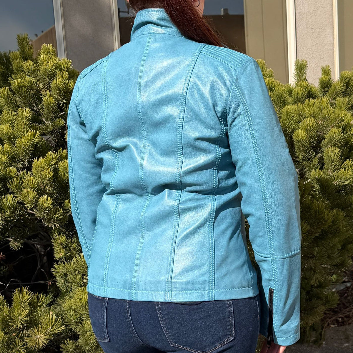 Women's Classic Sheep Leather Jacket. Standing Collar with Studs, 4 Zippered Pockets & Shoulder Accent Stitching-24