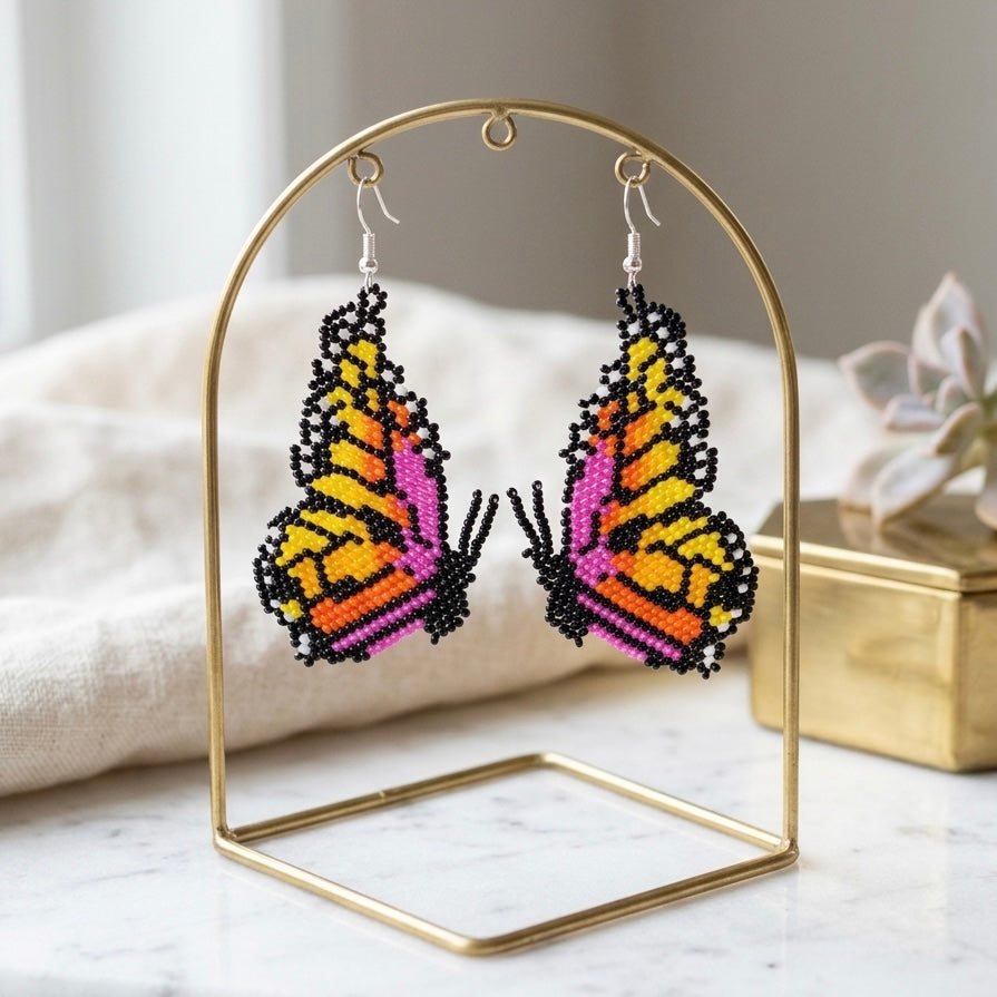 Pink Beaded Butterfly Wing Earrings-4