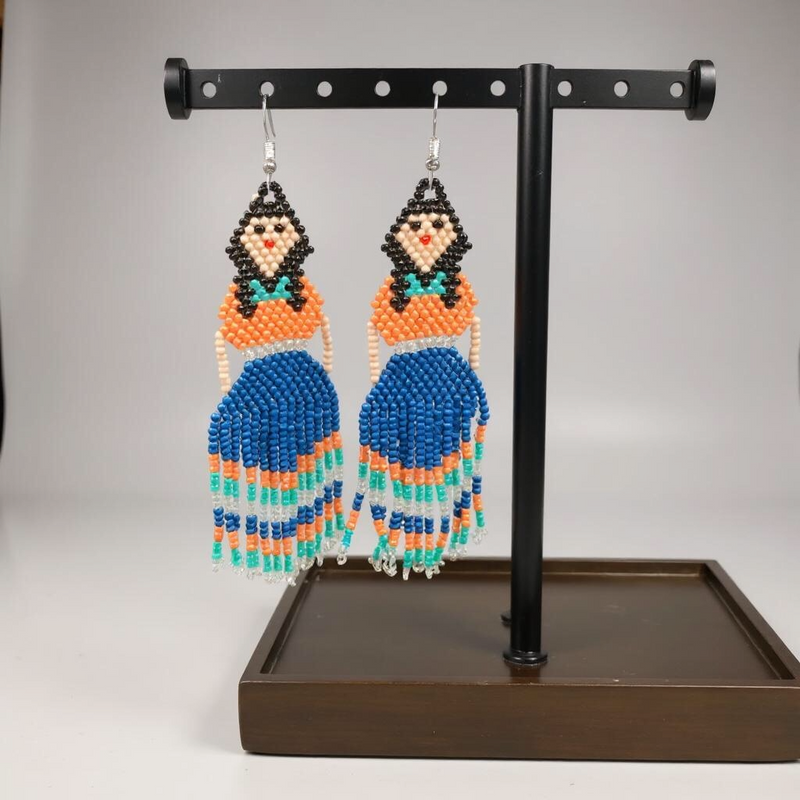 Blue Orange Beaded Ribbon Skirt Dancer Earrings-1