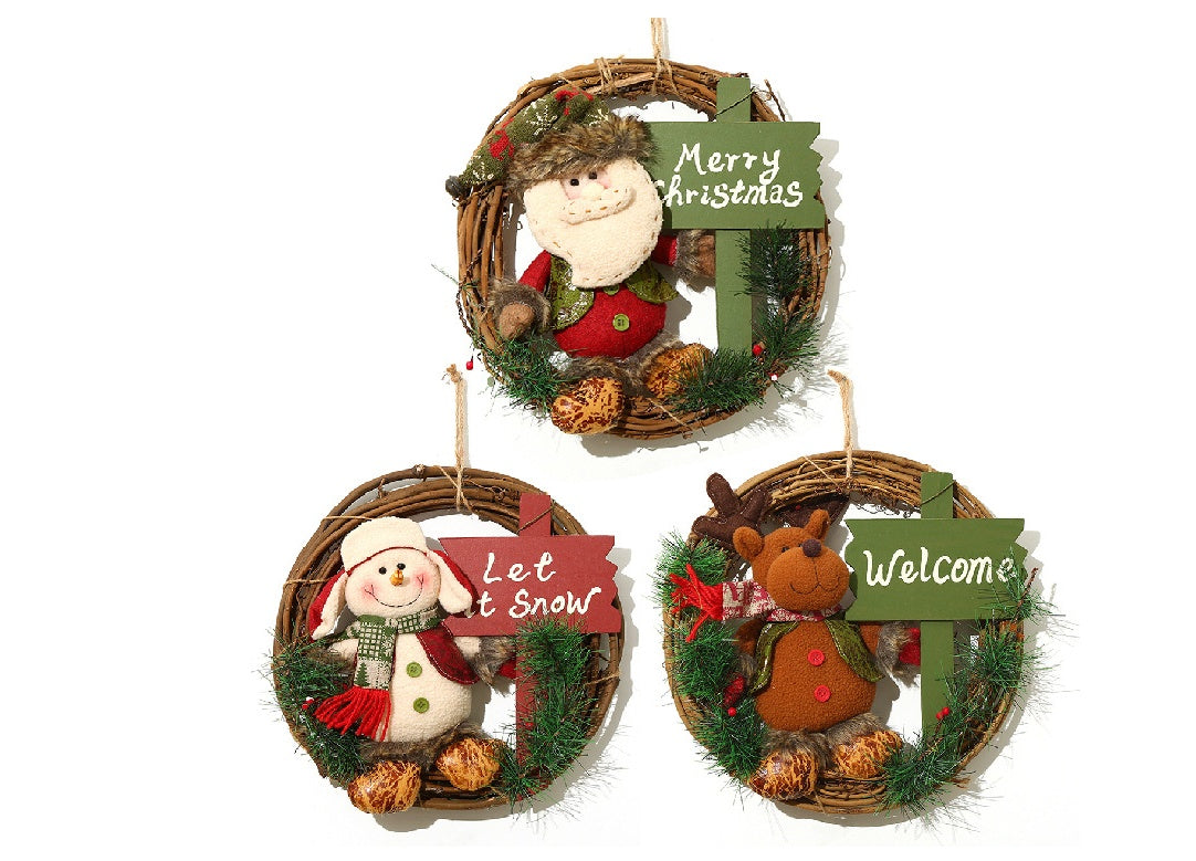 Christmas Wreath with Plush Doll - Rustic Rattan Holiday Door Hanging Decoration