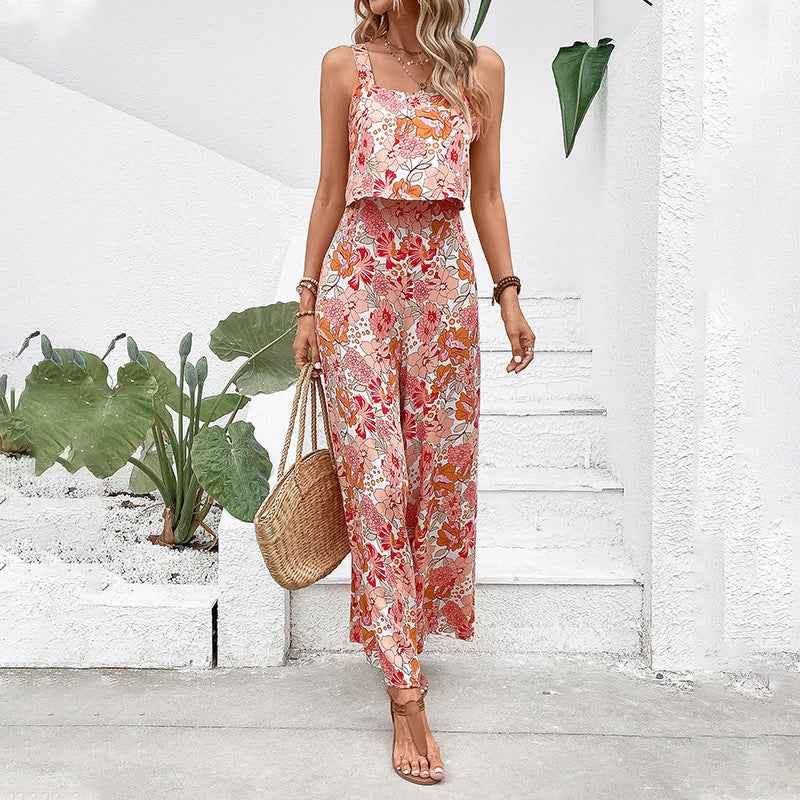 Women's Printed Square-Neck Camisole Cropped Jumpsuit-1