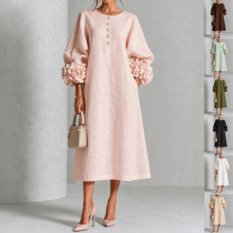 Women’s 3D Floral A-Line Dress – Puff Sleeve French-Style Party & Wedding Dress-1