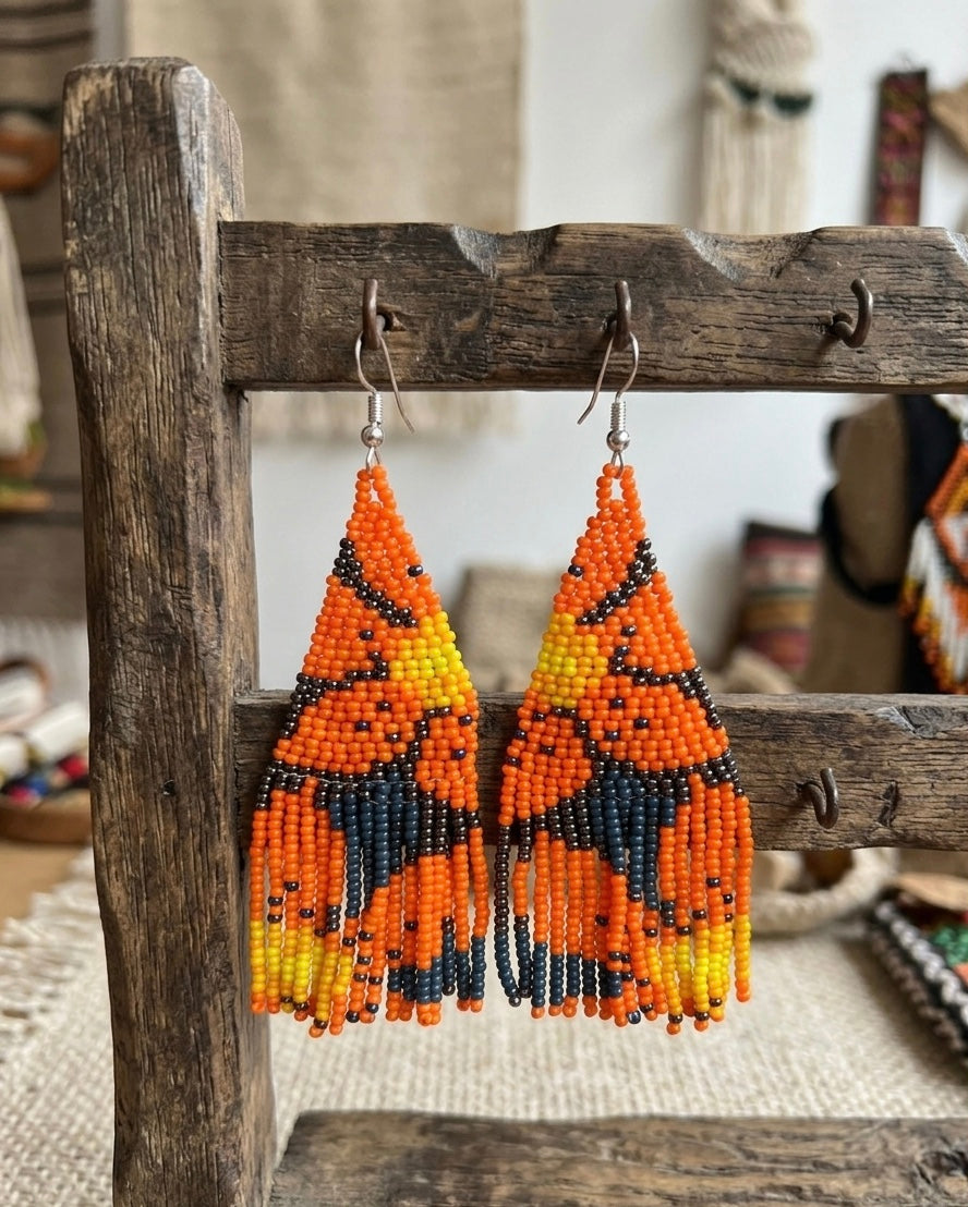 Flower Fringe Beaded Earrings (Orange)-3