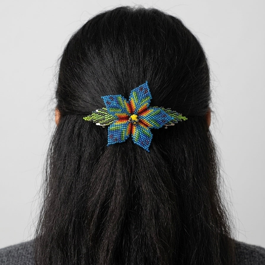 Blue Ember Bloom Beaded Hair Barrette