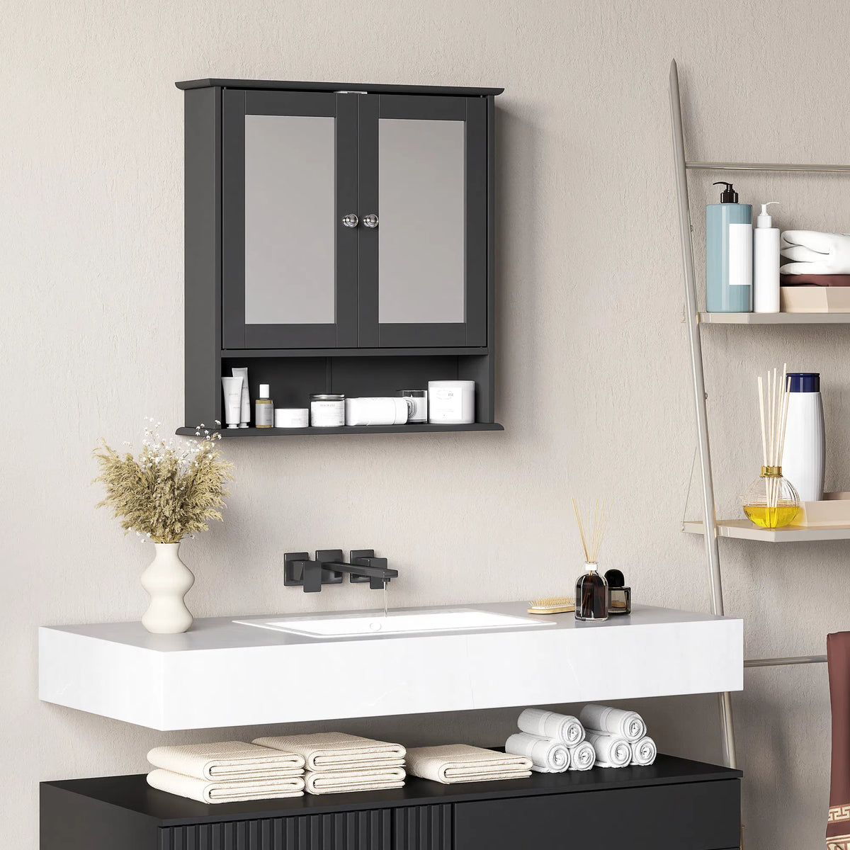 Black Bathroom Medicine Cabinet with Mirror – Wall-Mounted Double-Door Storage Cabinet (United States & Canada Delivery Only)-2