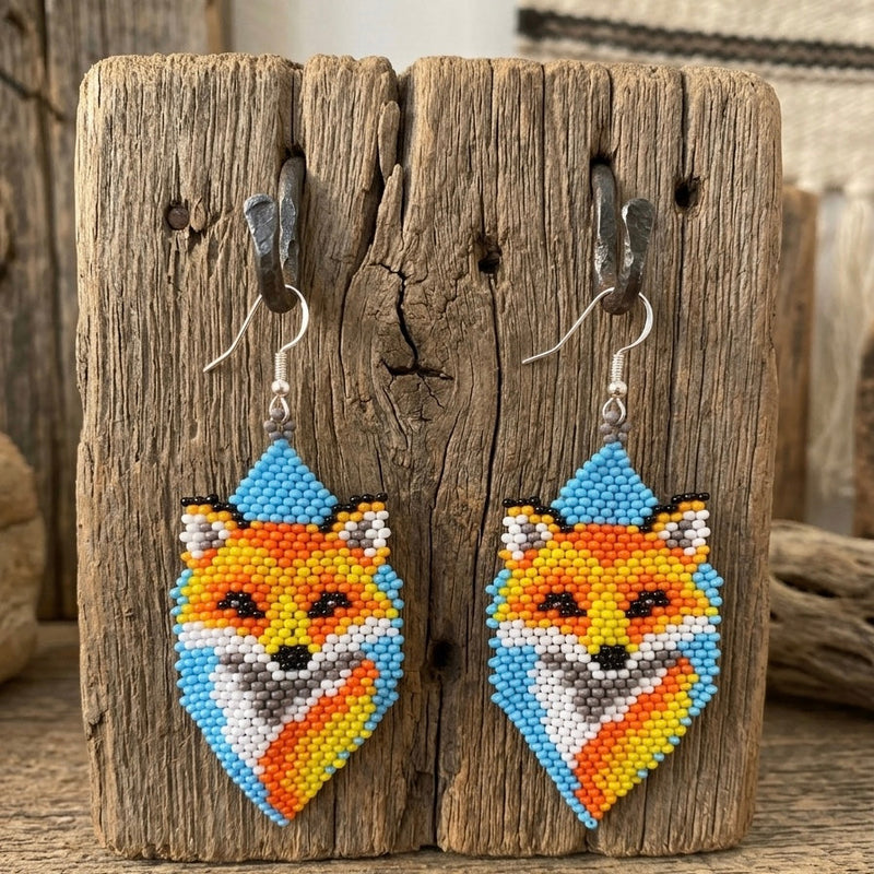 Fox Beaded Earrings (Blue)-2