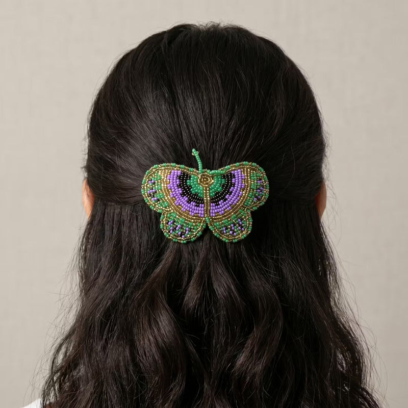 Green Butterfly Beaded Barrette-3