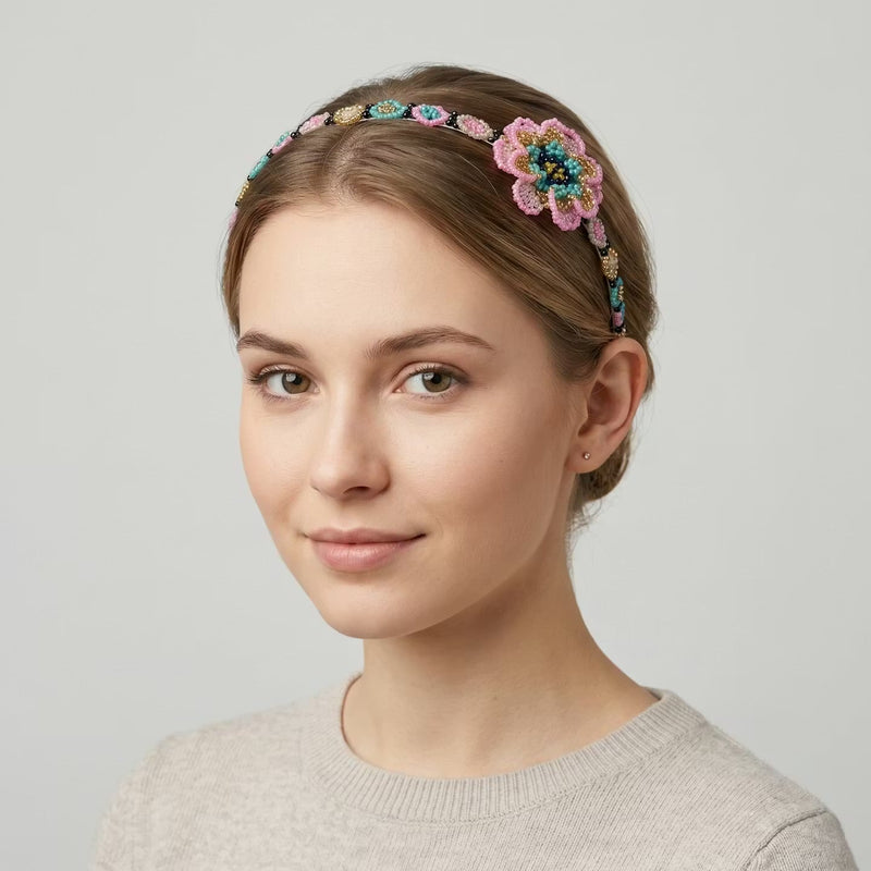 Beaded Headband with Flower Pink-4