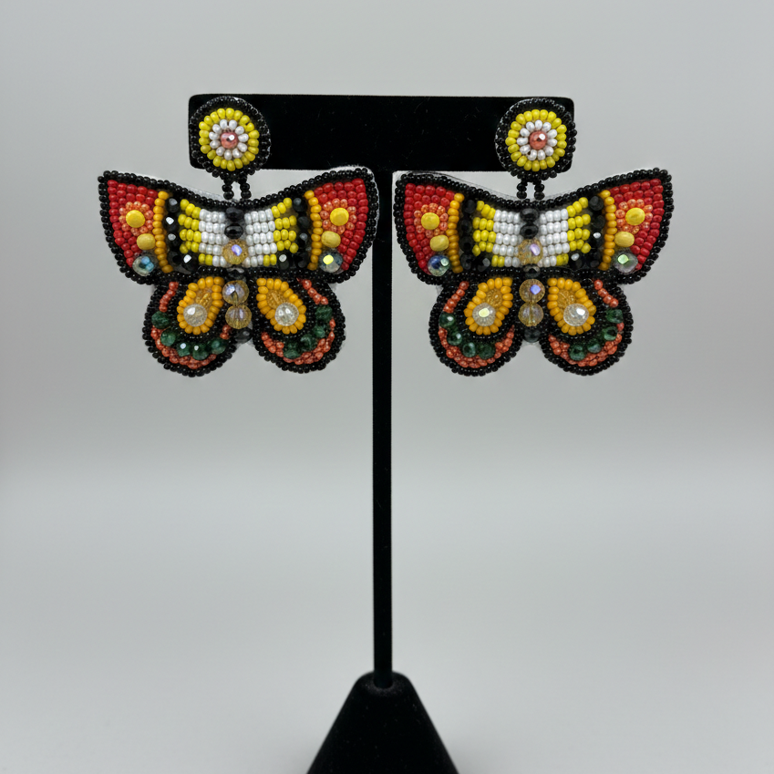 Butterfly Beaded Earrings - Red and Yellow-1