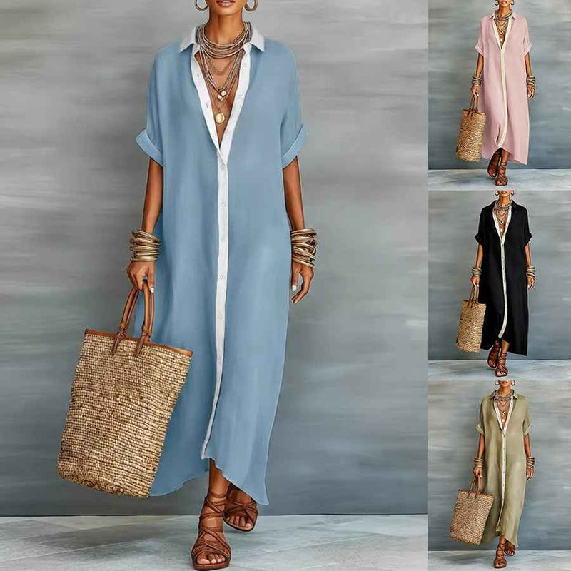 Women’s Summer Short-Sleeve Shirt Dress – Lapel Collar Button-Front Maxi Dress-1