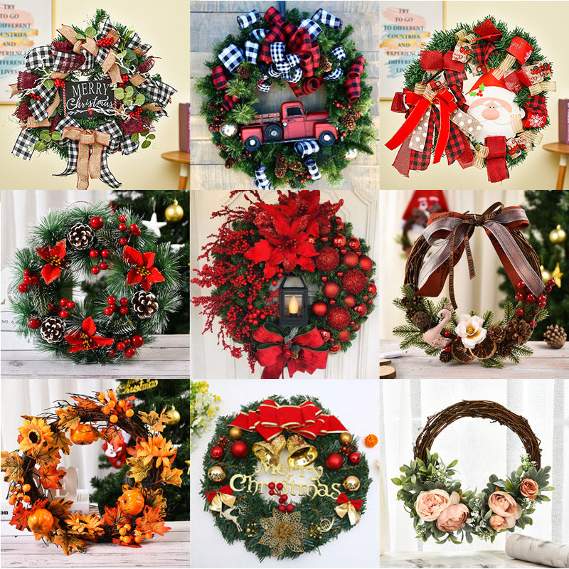 Wooden Christmas Garland Wreath Window Decoration – Red Berry Bowknot Holiday Decor, 30cm-1