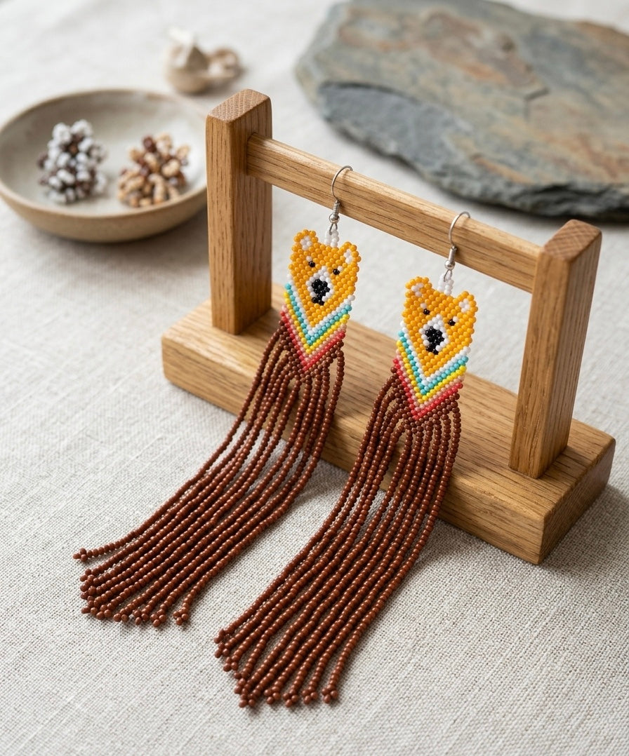 Yellow - Brown Native Bear Beaded Earrings