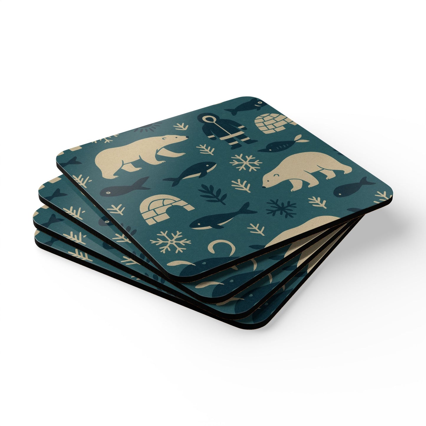 Winter Wildlife Cork Coaster Set | Polar Bear & Igloo Design, Eco-Friendly Drink Coasters, Holiday Home Decor, Rustic Gift Idea