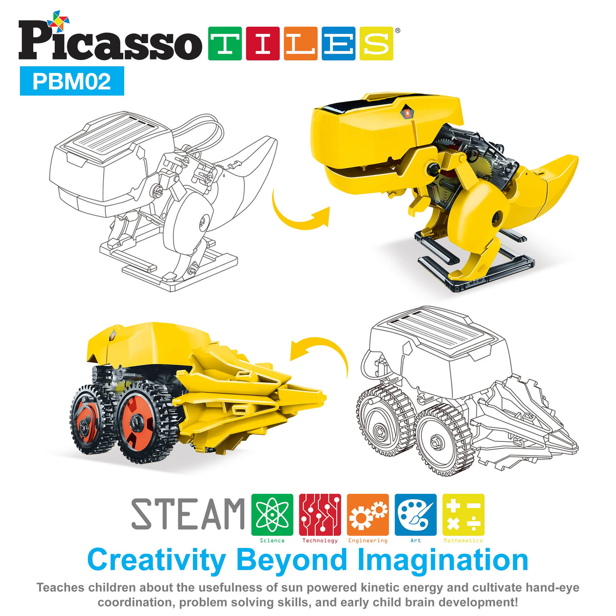 PicassoTiles - PicassoTiles 3-in-1 Solar Powered Dinosaur Robot Kit - Ages 5+-6