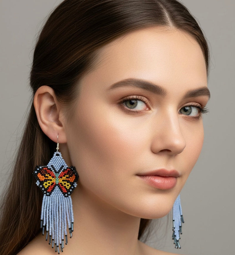 Blue Beaded Dancing Wing Earrings-1