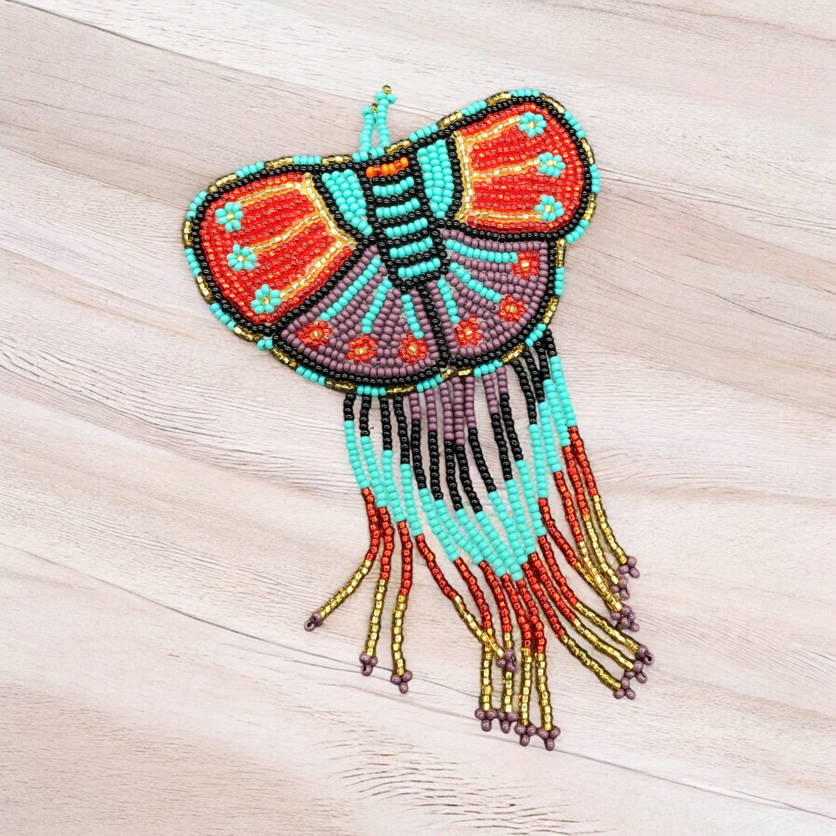 Butterfly Beaded Barrette with Fringes- Red and Turquoise-2