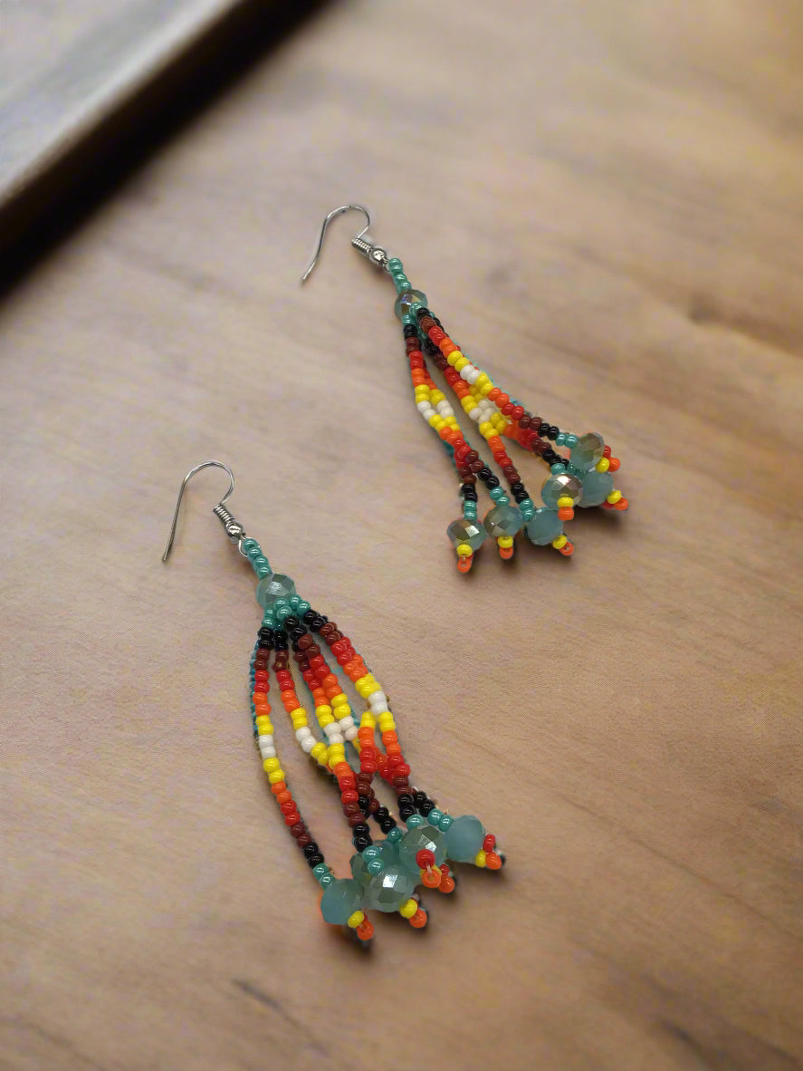Turquoise Six-Strand Beaded Cascade Earrings-2