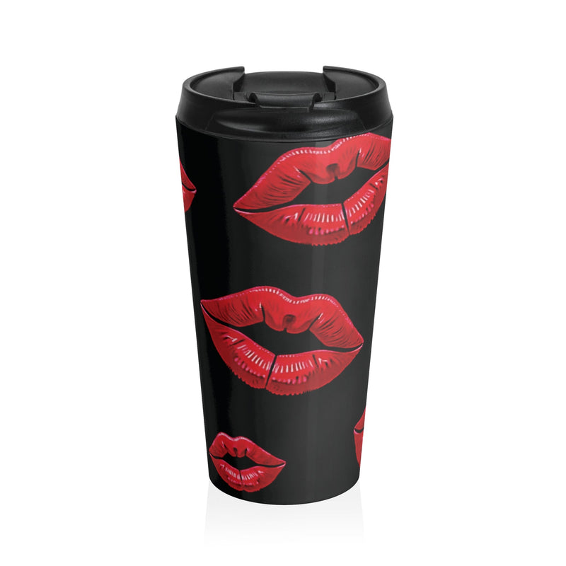 Red Lipstick Kiss Pattern Travel Mug | Black Stainless Steel-1
