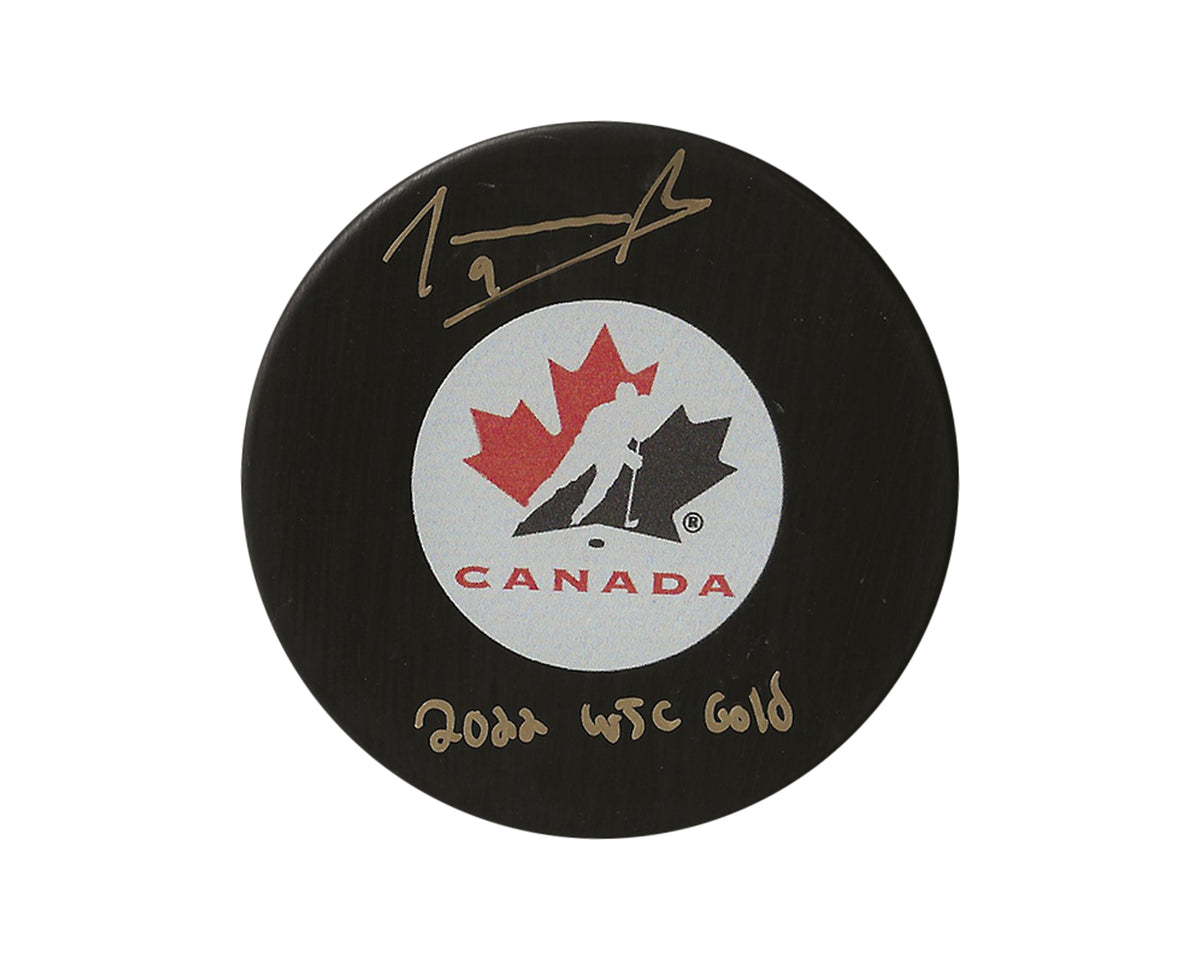 Palet de hockey Joshua Roy autographié Équipe Canada, modèle autographié, gravé « 2022 WJC Gold »-1