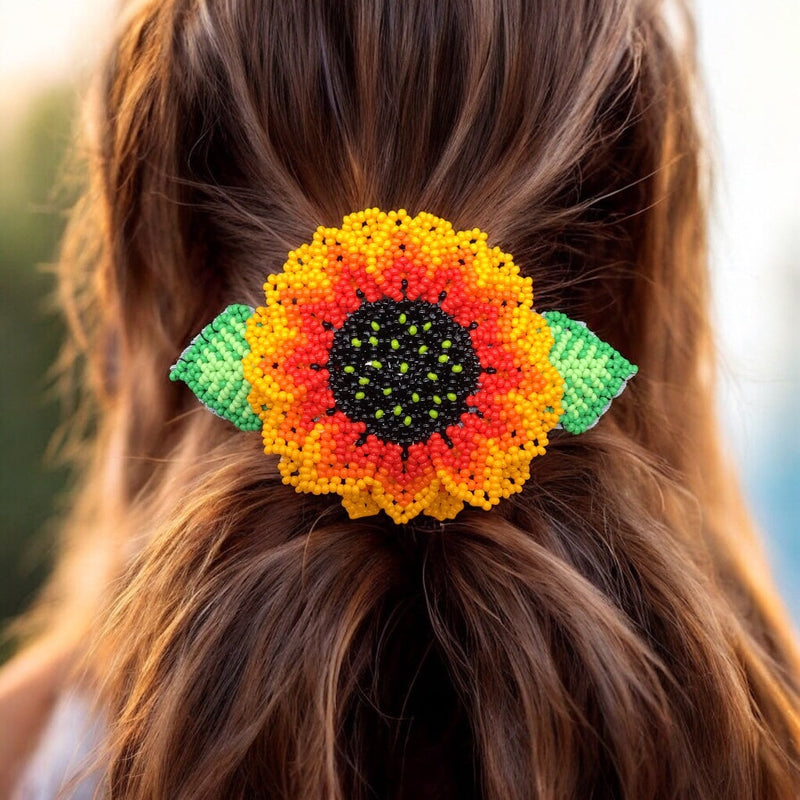 Handmade Beaded Sunflower Hair Clip-Bright Red-1