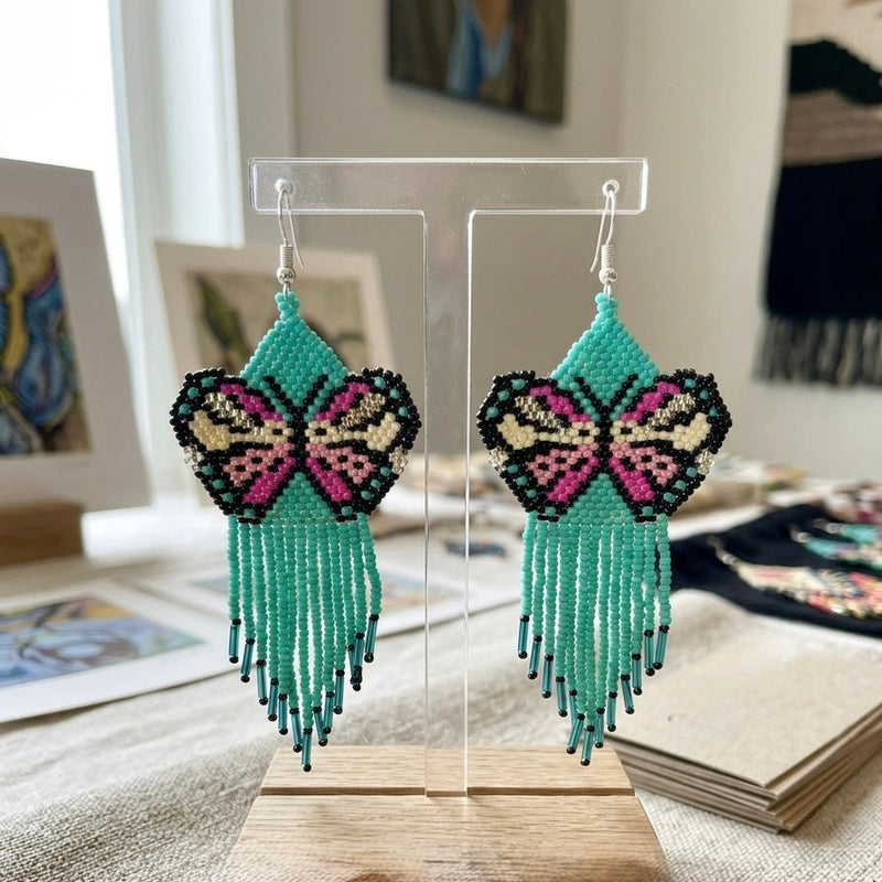 Turquoise and Pink Beaded Dancing Wing Earrings-2