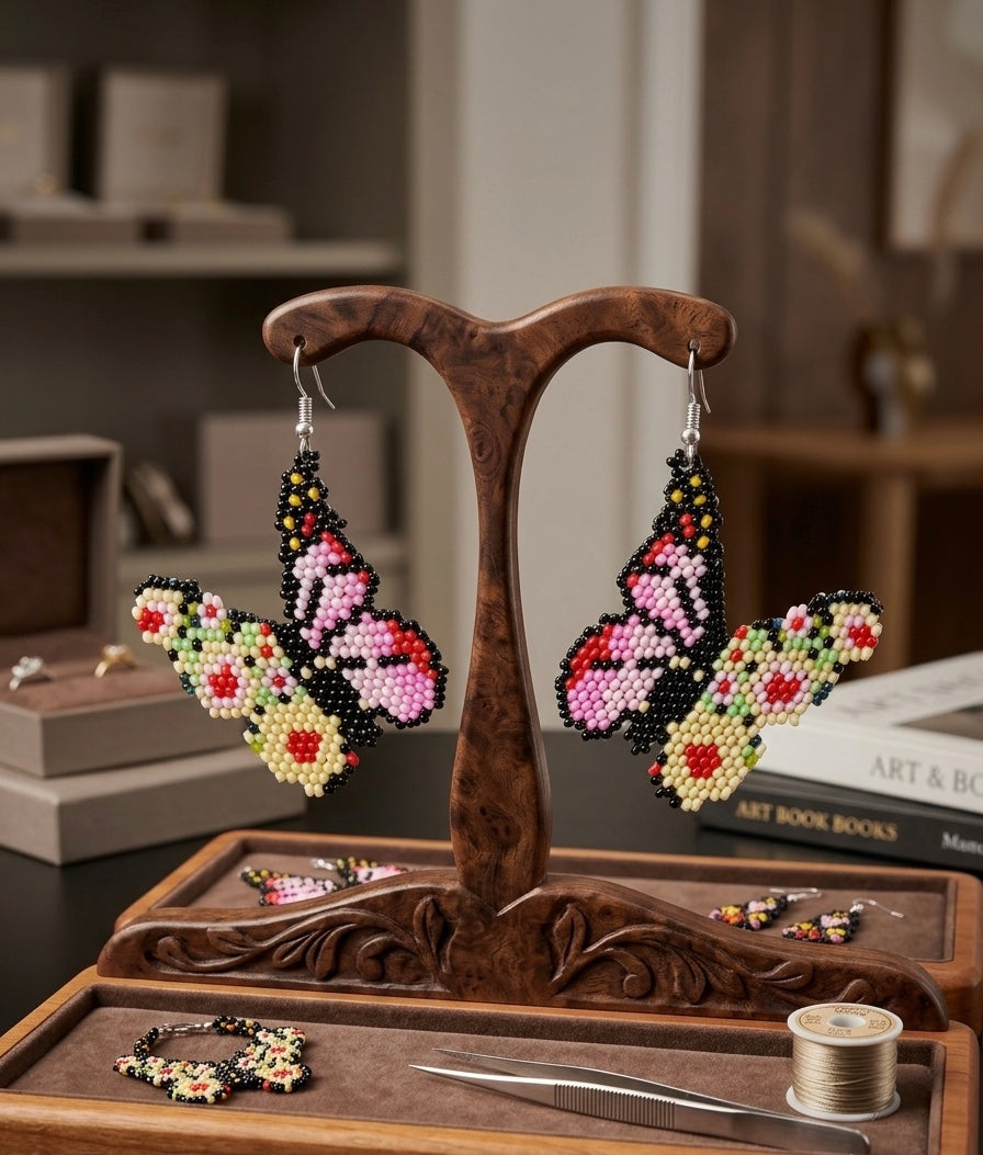 Purple Dancing Butterfly Beaded Earrings-2