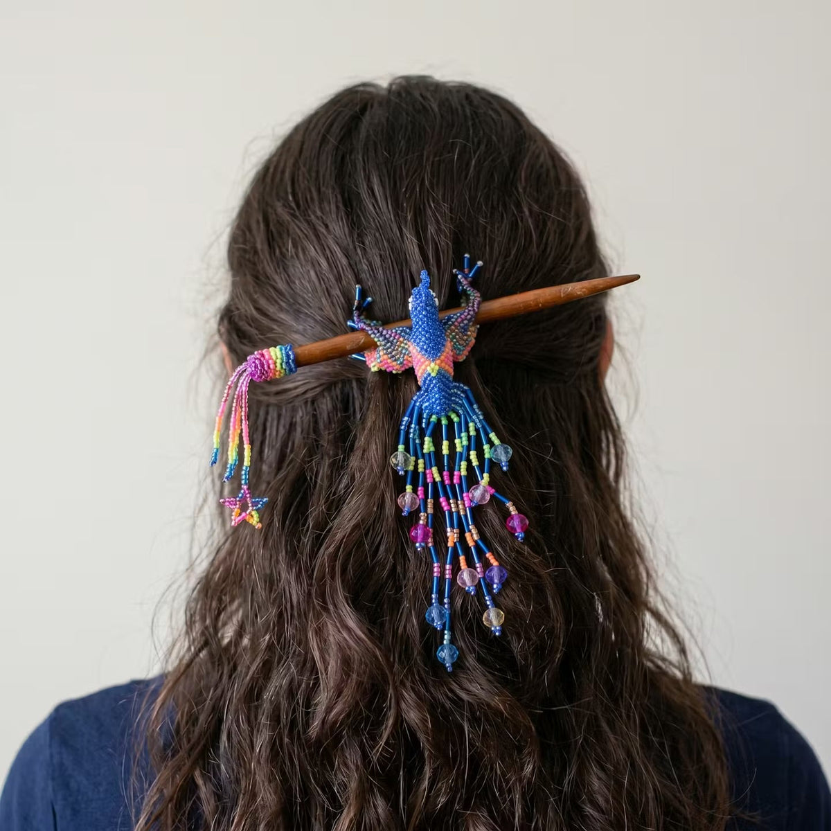 Blue Hummingbird Beaded Hair Stick-2