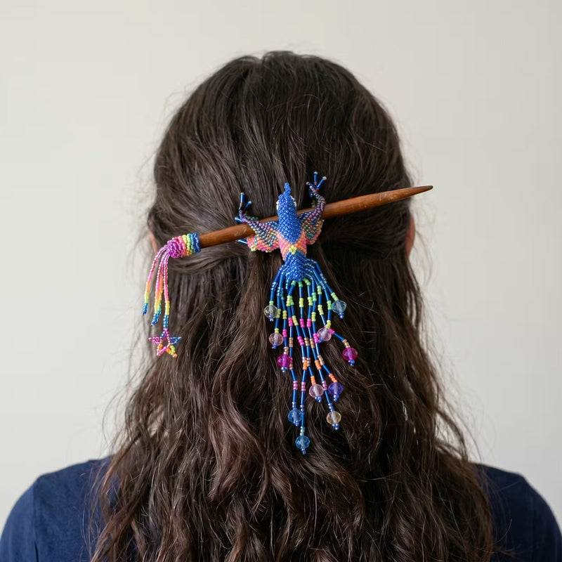 Blue Hummingbird Beaded Hair Stick-2