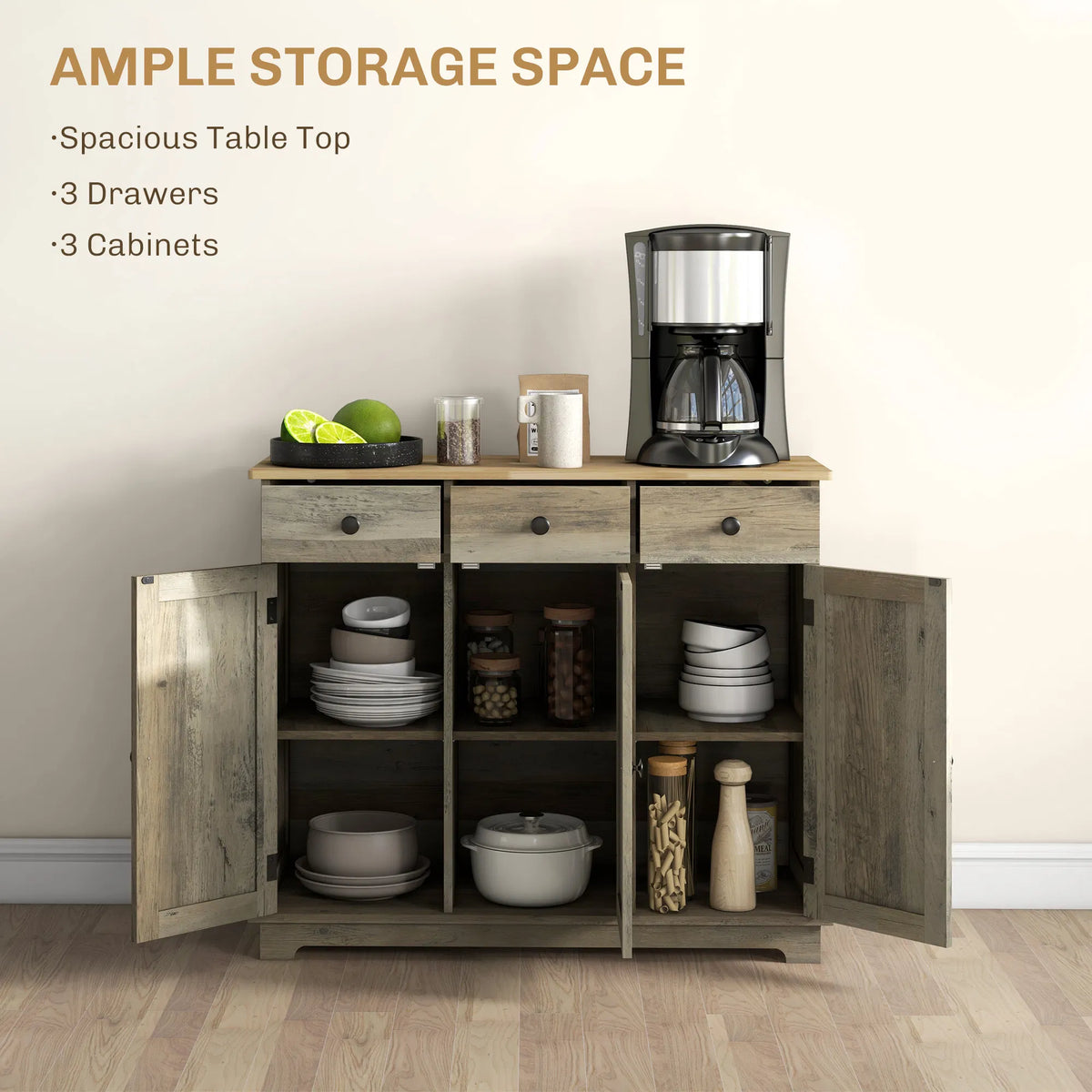 Modern Washed Grey Sideboard Buffet Cabinet – Storage Cabinets, Drawers & Adjustable Shelves (United States & Canada Delivery Only)-2