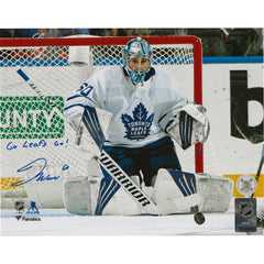 Foto de 8x10 de Joseph Woll haciendo una atajada estilo mariposa, autografiada y con la inscripción "Go Leafs Go!" de los Toronto Maple Leafs-1