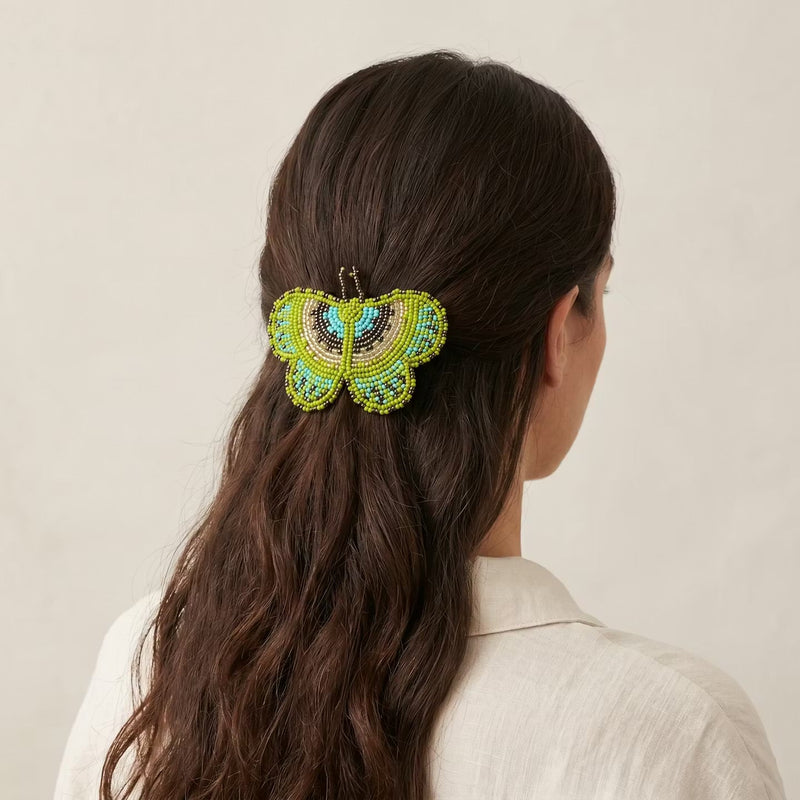 Green Butterfly Beaded Barrette-2