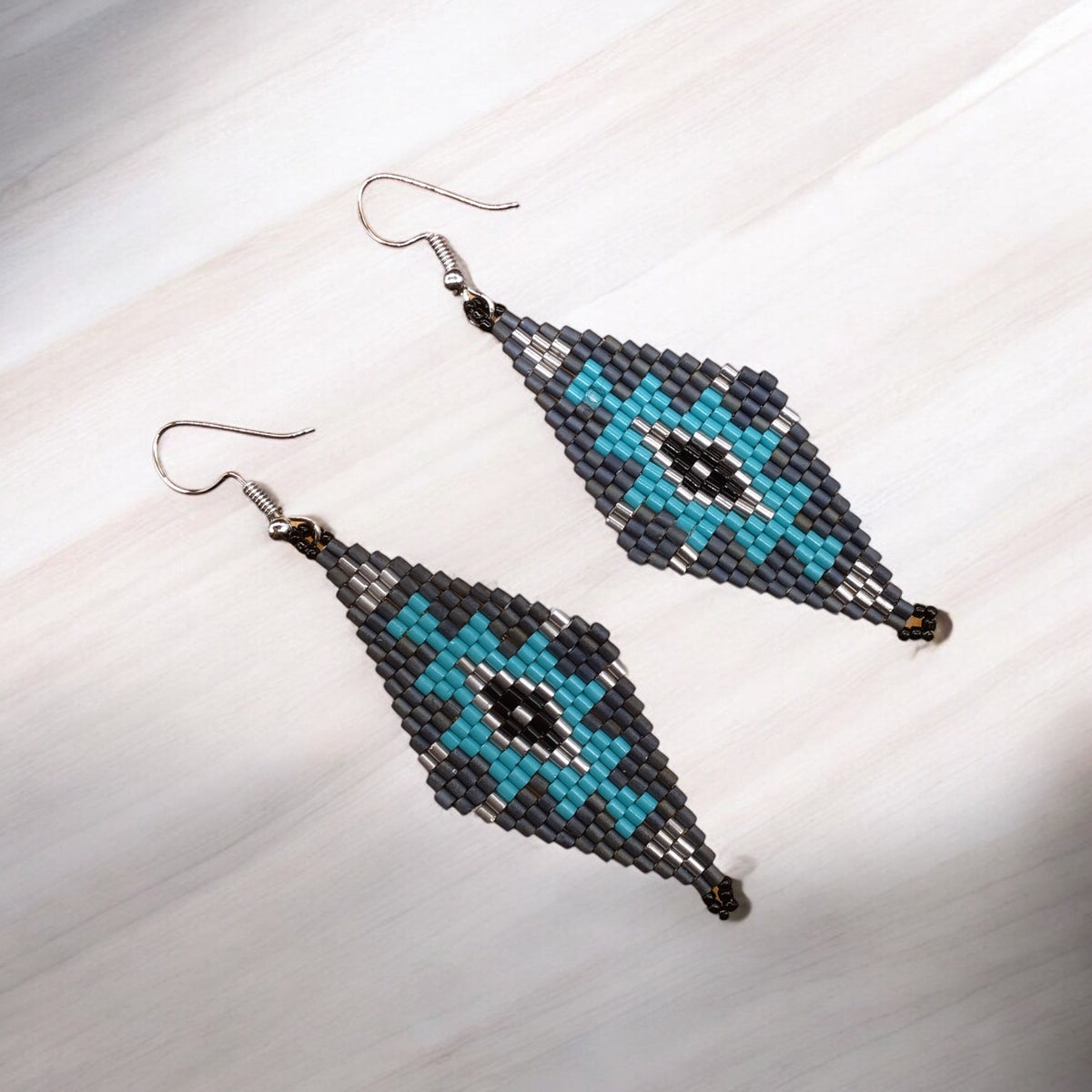 Grey and Turquoise Miyuki Glass Beaded Earrings-2