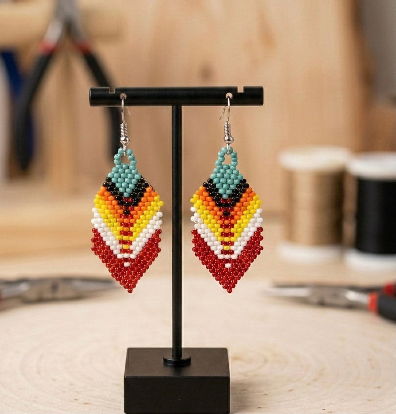 Red Beaded Feather Drop Earrings-1