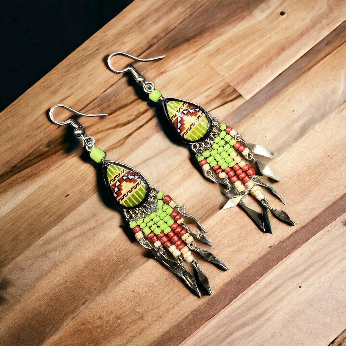 Small Sized Southwestern Green and Red Teardrop Earrings-2