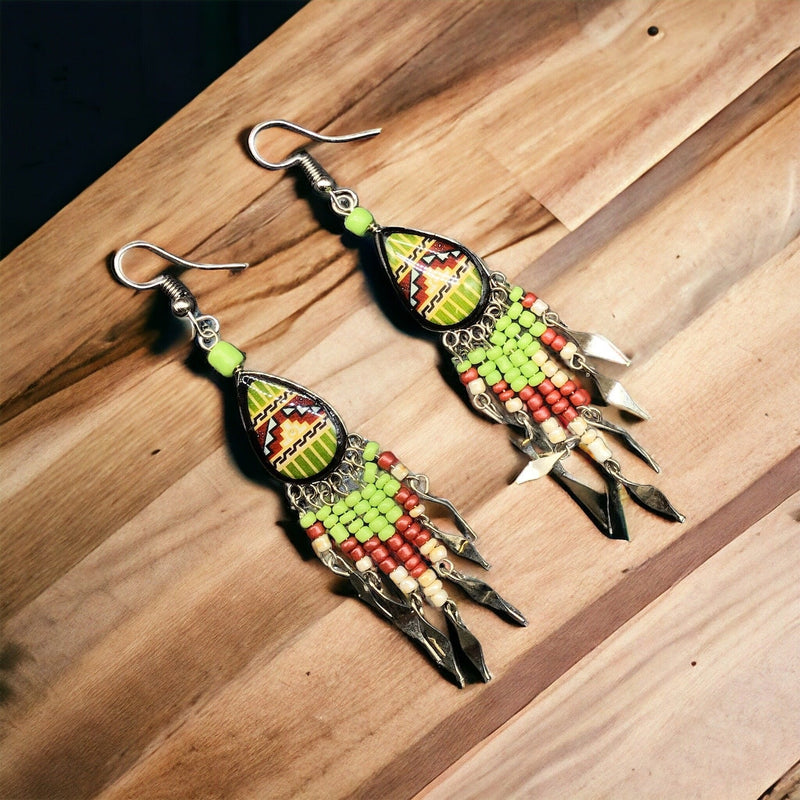 Small Sized Southwestern Green and Red Teardrop Earrings-2