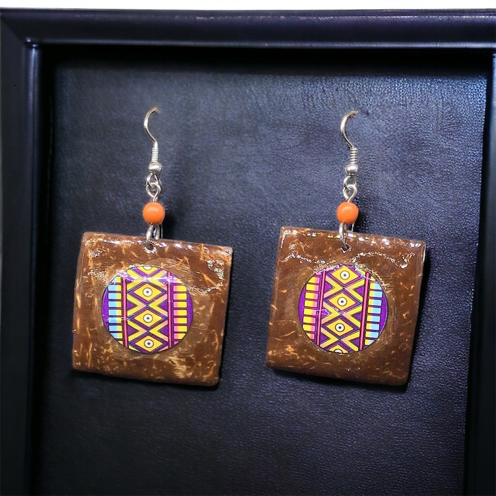 Wood Painted Purple Square Earrings-1
