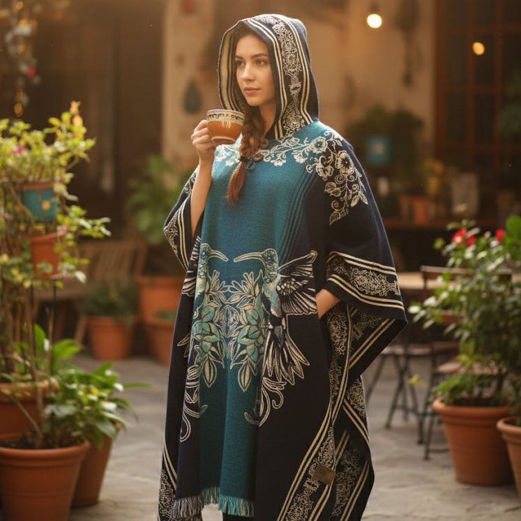 Hummingbirds HandMade Wool Poncho-2