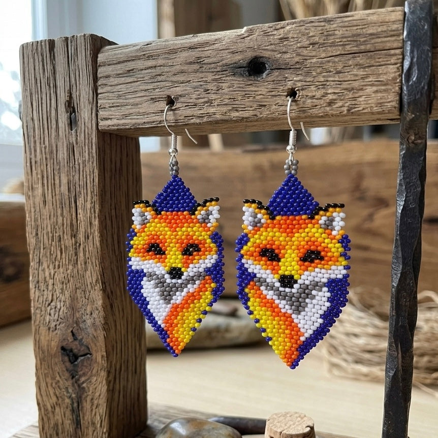 Fox Beaded Earrings (Blue)-3